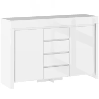 HOMCOM Aparador Sala de Estar com Luzes LED 4 Gavetas Prateleiras Ajustáveis e Controlo Remoto 120x34x80 cm Branco Brilhante(m-1)