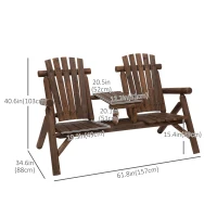 Outsunny Wood Patio Chair Bench 2 Seats Jack and Jill Seat w/ Center Coffee Table, Garden Bench, Carbonized(m-3)