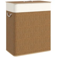 HOMCOM Cesto de Ropa Sucia de Bambú con 2 Compartimentos Asas para Facilitar el Uso y Bolsas Desmontables Lavables 52x32x63 cm(m-1)