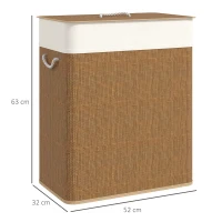 HOMCOM Cesto de Ropa Sucia de Bambú con 2 Compartimentos Asas para Facilitar el Uso y Bolsas Desmontables Lavables 52x32x63 cm(m-3)