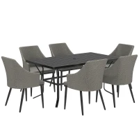 Outsunny 6 Seater Rattan Dining Set with Cushions, Garden Furniture Set with Armchairs, Rectangle Slatted Table Top, Steel Frame, Parasol Hole, Wicker Outdoor Furniture for Patio, Balcony, Grey(m-1)