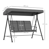 Outsunny Balansoar de Grădină cu 3 Locuri, Copertină Reglabilă și Picioare Anti-alunecare, 195x118x170 cm, Gri Închis(m-3)