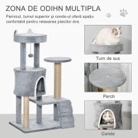PawHut Ansamblu pentru Pisici cu Turn, Căsuţă, Rampă şi Minge de Jucărie, 60x40x100 cm, Gri Deschis(m-6)