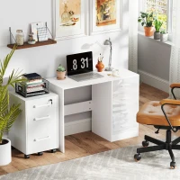 HOMCOM Computer Desk with Drawers, Dressing Table, High Gloss Home Office Writing Workstation, White(m-9)