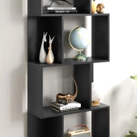 HOMCOM Bibliotecă cu 5 Rafturi Divizate în Formă de S din Lemn, 60x24x184.5 cm, Negru(m-9)