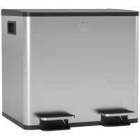 HOMCOM Balde de Lixo de Cozinha com 2 Compartimentos 2x15L Fechamento Suave e Rolo de 30 Bolsas de Lixo 41,7x36,6x43,2 cm Prata(m-1)