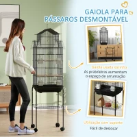 PawHut Gaiola de Metal para Pássaros com Bandeja Amovível Rodas 4 Comedouros 3 Poleiros e 1 Baloiço 50,5x41x163 cm Preto(m-8)