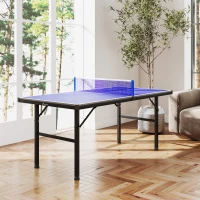 SPORTNOW Mini table de ping pong 153x76cm avec plateau traité UV, pieds réglables, filet et 5 pieds, bleu(m-2)