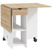 HOMCOM Mesa de Cozinha Dobrável com Rodas Laterais Rebatíveis Gaveta e Prateleiras para 2-4 Pessoas 120x72x75 cm Madeira Branco