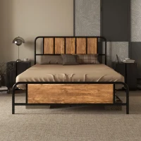 HOMCOM 4.8ft Double Bed Frame with Industrial Wood Headboard, Steel Slat Support and 25.5cm Underbed Storage Space, 145 x 199cm, Rustic Brown(m-10)