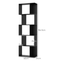HOMCOM Bibliotecă cu 5 Rafturi Divizate în Formă de S din Lemn, 60x24x184.5 cm, Negru(m-3)