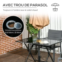 Outsunny Table à manger de jardin pliable avec plateau verre trempé table extérieure avec trou de parasol 110 x 70 x 70 cm noir(m-4)