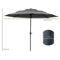 Outsunny Parasol de jardin extérieur parasol inclinable Ø 2,85 x 2,5 m avec manivelle, 2 évents, toile 180 g/m², Anti-UV, gris(m-3)