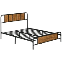 HOMCOM 4.8ft Double Bed Frame with Industrial Wood Headboard, Steel Slat Support and 25.5cm Underbed Storage Space, 145 x 199cm, Rustic Brown(m-1)