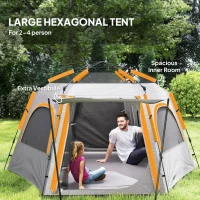 Outsunny Instant Pop Up Camping Tent, 2/3/4 Person Easy Setup Dome Family Tent with Vestibule, Rainfly, 4 Mesh Windows & 2 Doors, Hexagonal Design, Waterproof & UV Protected, Light Grey(m-5)