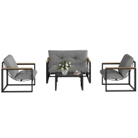 Outsunny Salon de jardin extérieur 4 personnes avec canapé, 2 fauteuils et table basse en verre trempé, coussins inclus, gris