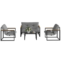 Outsunny Salon de jardin extérieur 4 personnes avec canapé, 2 fauteuils et table basse en verre trempé, coussins inclus, gris(m-1)