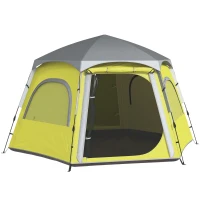 Outsunny Instant Pop Up Camping Tent, 2/3/4 Person Easy Setup Dome Family Tent with Vestibule, Rainfly, 4 Mesh Windows & 2 Doors, Hexagonal Design, Waterproof & UV Protected, Yellow Green(m-1)
