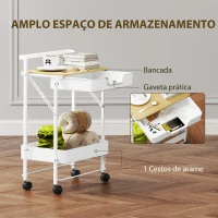 HOMCOM Carrinho Auxiliar com Rodas de 2 Níveis Carrinho de Cozinha com 1 Gaveta e 1 Cesto Carrinho Organizador 45x29,5x68 cm Branco(m-4)