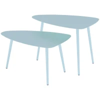 Outsunny Lot de 2 tables basses de jardin, tables d'appoint gigognes triangulaires, cadre en acier patins ajustables bleu clair(m-1)