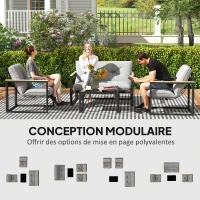 Outsunny Salon de jardin extérieur 4 personnes avec canapé, 2 fauteuils et table basse en verre trempé, coussins inclus, gris(m-4)
