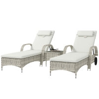 Outsunny Lot de 2 transats bains de soleil : matelas, têtière, inclinaison réglable roulettes + table basse verre trempé crème