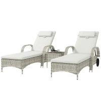 Outsunny Lot de 2 transats bains de soleil : matelas, têtière, inclinaison réglable roulettes + table basse verre trempé crème(m-1)