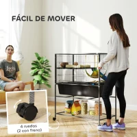 PawHut Jaula para Animales Pequeños de 3 Niveles con Rampas Antideslizantes Puertas Amplias y Ruedas con Freno 88x48x102cm Gris(m-7)