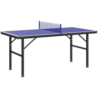 SPORTNOW Mini table de ping pong 153x76cm avec plateau traité UV, pieds réglables, filet et 5 pieds, bleu(m-10)