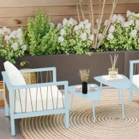 Outsunny Lot de 2 tables basses de jardin, tables d'appoint gigognes triangulaires, cadre en acier patins ajustables bleu clair(m-2)