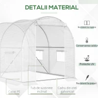 Outsunny Seră Tunel cu 4 Ferestre şi Usă Rulantă cu Fermoar, Seră pentru Plante din Oţel Zincat şi Polietilenă, 3x2x1.9 m, Alb(m-4)