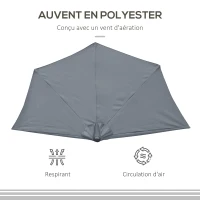 Outsunny Demi-Parasol 2,7 x 1,4 m parasol de balcon avec ouverture fermeture manivelle 5 entretoises, gris(m-4)