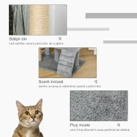 PawHut Ansamblu pentru Pisici cu Turn, Căsuţă, Rampă şi Minge de Jucărie, 60x40x100 cm, Gri Deschis(m-5)