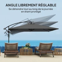 Outsunny Parasol déporté rectangulaire 3,6x3,9 m avec manivelle, base en croix, parasol inclinable et rotation à 360°, gris(m-6)