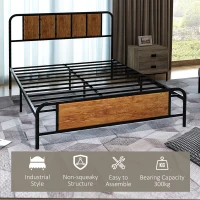HOMCOM 4.8ft Double Bed Frame with Industrial Wood Headboard, Steel Slat Support and 25.5cm Underbed Storage Space, 145 x 199cm, Rustic Brown(m-4)