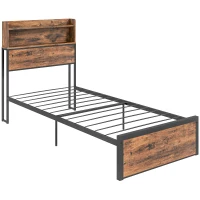 HOMCOM Industrial Single Bed Frame, 3.1FT Steel Bed Base with Storage Headboard, Footboard, Slatted Support and Under Bed Storage, 95 x 209cm, Rustic Brown(m-1)