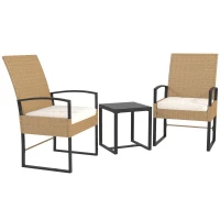 Outsunny Conjunto de Jardim de 3 Peças com 2 Cadeiras e Mesa de Vime com Encosto Ajustável e Bancada de Vidro Bege e Branco(m-11)