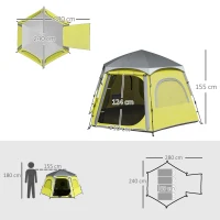 Outsunny Instant Pop Up Camping Tent, 2/3/4 Person Easy Setup Dome Family Tent with Vestibule, Rainfly, 4 Mesh Windows & 2 Doors, Hexagonal Design, Waterproof & UV Protected, Yellow Green(m-3)