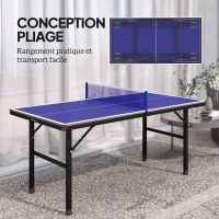 SPORTNOW Mini table de ping pong 153x76cm avec plateau traité UV, pieds réglables, filet et 5 pieds, bleu(m-4)