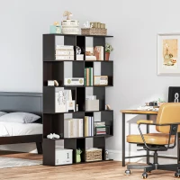 HOMCOM Bibliotecă cu 5 Rafturi Divizate în Formă de S din Lemn, 60x24x184.5 cm, Negru(m-7)