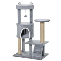 PawHut Ansamblu pentru Pisici cu Turn, Căsuţă, Rampă şi Minge de Jucărie, 60x40x100 cm, Gri Deschis(m-8)