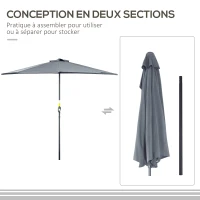 Outsunny Demi-Parasol 2,7 x 1,4 m parasol de balcon avec ouverture fermeture manivelle 5 entretoises, gris(m-5)