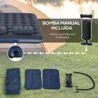 Outsunny Colchão Insuflável Duplo 191x137x22 cm com Inflador Manual Colchão Insuflável Reforçado com 2 Almofadas Integrada Azul(m-5)