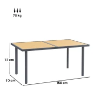 Outsunny Table à manger de jardin pour 6 personnes table de jardin avec plateau effet bois en acier 150 x 90 x 72 cm bois naturel(m-3)