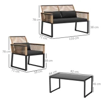 Outsunny Set Mobilier de Grădină din 4 Piese cu Canapea, 2 Fotolii și Măsuță de Cafea, 116x71x78 cm, Negru(m-3)