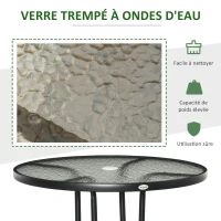 Outsunny Table à manger de jardin, avec trou de parasol, table extérieure ronde avec plateau en verre trempé, Ø 80 x 72 cm, noir(m-5)