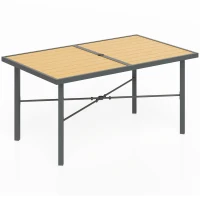 Outsunny Garden Table for 6, 150 cm Rectangular Outdoor Dining Table with 5 cm Umbrella Hole, Wood Effect Top, Rust Resistant Frame, for Patio, Balcony, Terrace, Natural Wood Finish(m-1)