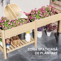 Outsunny Strat Înălțat de Grădină cu Masă Laterală, Raft Inferior și  Orificii de Drenaj, 207x59x78 cm, Lemn Natural(m-4)