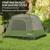 Outsunny Tente de camping 2-4 personnes, tente dôme familiale imperméable, avec fenêtres, poche, sac de transport vert olive(m-6)
