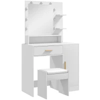 HOMCOM Toucador de Maquilhagem com Banco Mesa de Maquilhagem com Espelho LED Gavetas Prateleira Ajustável e Prateleiras Abertas Branco(m-1)
